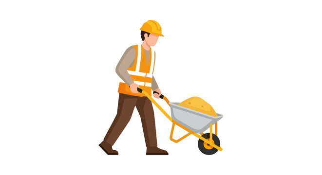 Construction Worker Pushing a Wheelbarrow with Sand - Flat Vector Illustration of a Professional Laborer in Safety Gear Isolated on White