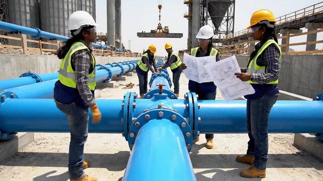 Diverse construction workers collaborating on large blue pipeline infrastructure installation