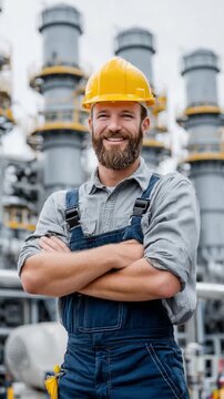 Industrial Worker with Helm and Boiler: A smiling industrial worker wearing a yellow hard hat and blue overalls, with arms crossed, stands in front of a power plant.