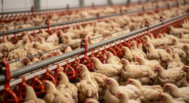 A large flock of young broiler chickens gathered around automated feeding equipment in a commercial farm environment