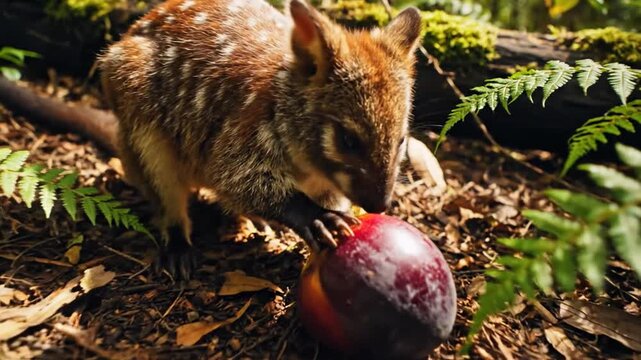 Northern Quoll Investigates a Fallen Fruit in a Lush Forest Environment