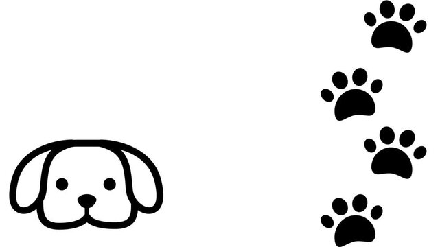 A cute puppy sticker surrounded by paw prints showing a small dog face with scattered footprints on white background