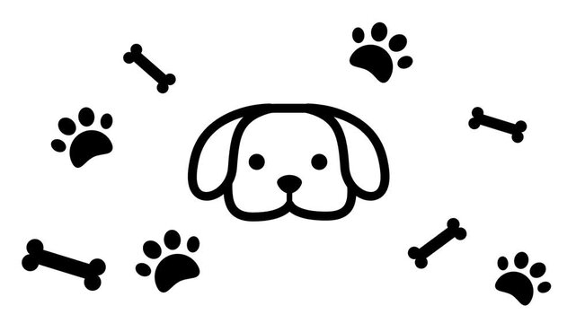 A playful dog and bones sticker pattern with paw prints and a cute puppy face on a white background design