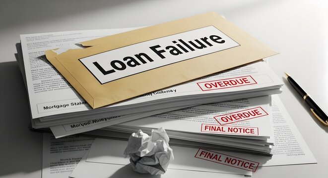 Loan failure notice with overdue and final notice stamps for concept of financial difficulty.
