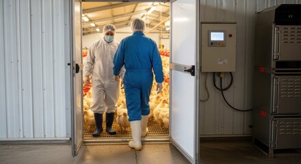 Fototapeta premium Farm workers in protective gear entering a poultry breeder facility with a flock of chickens