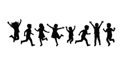 Obraz premium Diverse group of happy children silhouettes jumping and running with joy and energy
