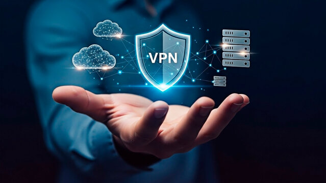 A hand holding a digital shield with the text VPN for the concept of data security and online privacy.