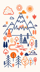 Obraz premium Nature scene with mountains, trees, sun, and river in a graphic design style during daytime Generative AI