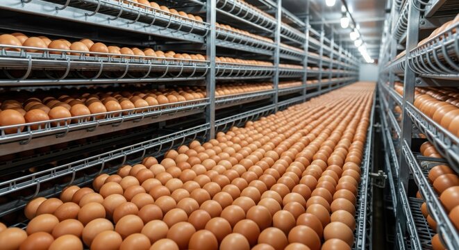 Massive scale egg incubation room with rows of hatching eggs on shelves in automated agricultural facility