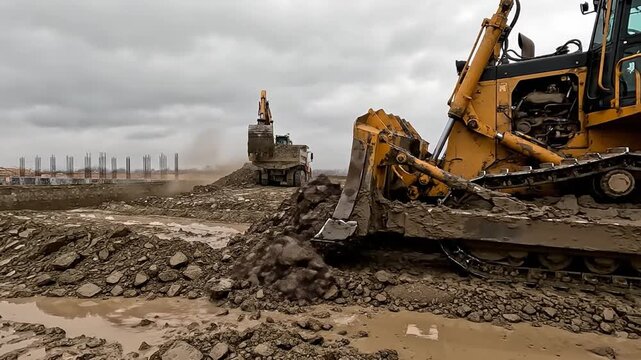 Massive excavators and bulldozers churn muddy earth on a vast construction site under a cloudy sky.