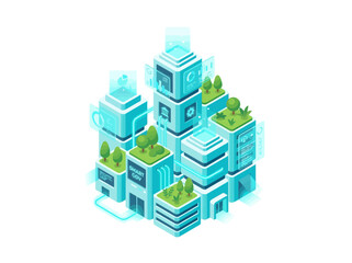 Fototapeta premium Modern Isometric Building Vector Illustration Depicting a Smart Government Data Center with Advanced Technology and Eco-friendly Design, Highlighting Digital Infrastructure and Urban Innovation