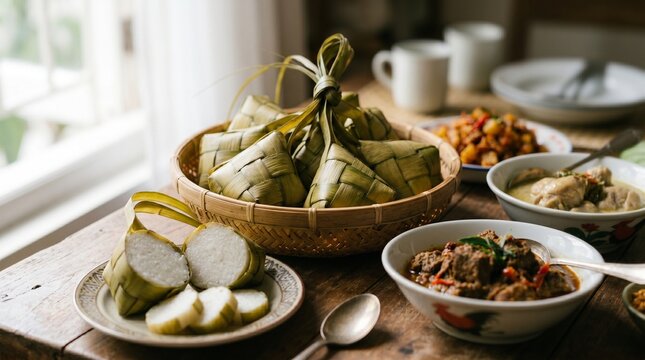 A beautiful high-angle view of traditional Indonesian Eid festive food, featuring a basket of ketupat rice cakes, sliced ketupat, beef rendang, and chicken opor ayam on a wooden dining table.