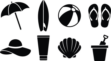 Black silhouette icon set of umbrella, surfboard, beach ball, flip-flops, sun hat, sunscreen, seashell, and bucket with shovel © MDSORMAN