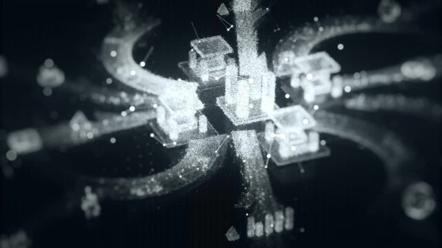 Monochrome 3D render of connected nodes and glowing particle paths forming a digital network. Futuristic technology background for data flow, AI, and communication concepts.