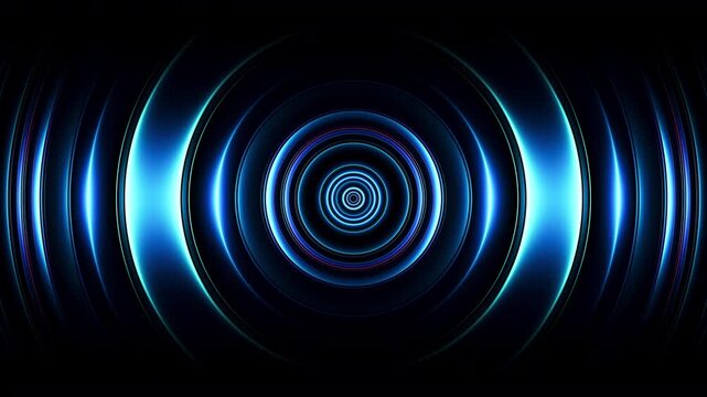 Endless deep blue energy rings flow outward from radiant core. Hypnotic cycle of light, depth and resonance inspired by futuristic technology and infinite dimensional space. Seamless loop. 4K video