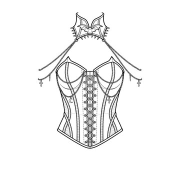 Hand drawn sketch of gothic vampire corset isolated on white background. Technical fashion illustration.
