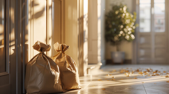 Contactless food delivery bags left outside an apartment door in a sunlit hallway. Two brown paper sacks with groceries on a wooden floor, morning light with copy space