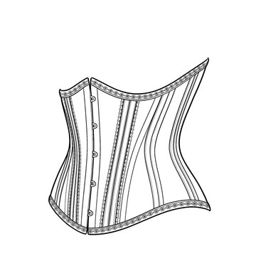Hand drawn sketch of classic Victorian waspie underbust corset isolated on white background. Technical fashion illustration.