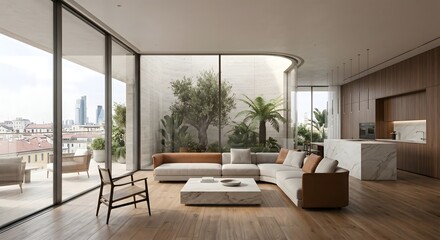 Fototapeta premium Modern Luxury Living Room Interior with Indoor Garden and City View