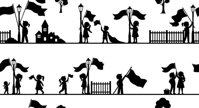 Small town parade silhouettes with children and flags