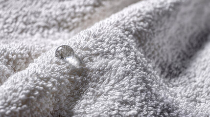 Naklejka premium Close-up of a water droplet resting on a soft white towel, showcasing the texture and fibers of the fabric in a well-lit indoor setting
