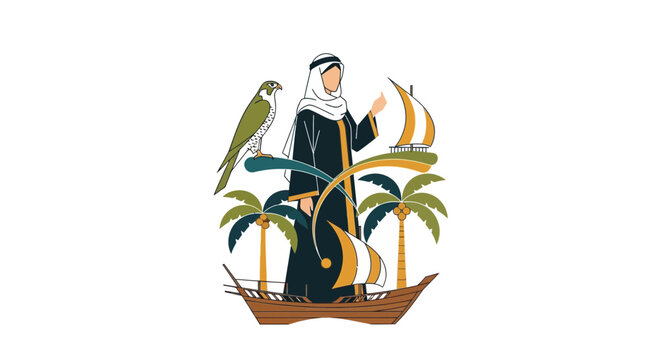 Illustration of a traditional Arabian man with a falcon and dhow boat.