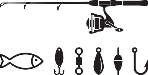 Fishing Rod, Reel, and Essential Tackle Vector Silhouette Set © Open Expression