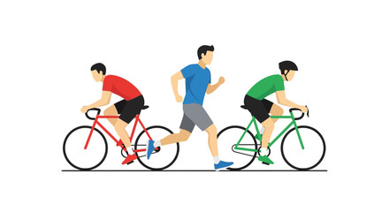 Obraz premium Illustration of two cyclists and a runner in a triathlon training activity.