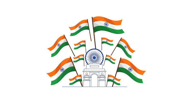 Illustration of India Gate monument with multiple waving Indian national flags.