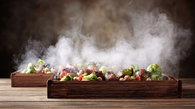 Hot prepared meal portions with colorful vegetables and savory elements emit thick plumes of steam.