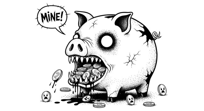 Zombie Piggy Bank with Coins and Scary Face.