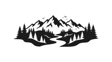 Mountain range silhouette with evergreen trees and birds black on white © EY