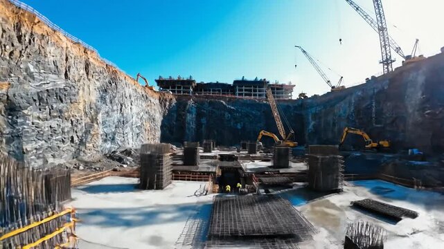 Massive foundation being laid for a high rise building, construction site with cranes and excavators busy at work