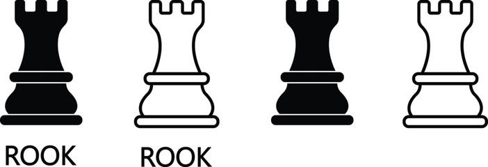Chess piece icon set rook symbols in black silhouette and line outline vector design, strategy game elements isolated on background © Asia