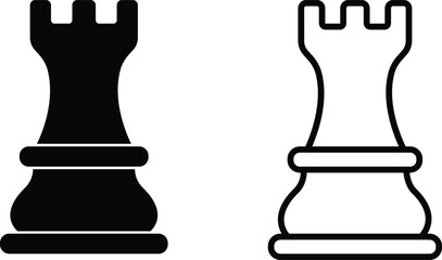 Chess piece icon set rook symbols in black silhouette and line outline vector design, strategy game elements isolated on background © Asia