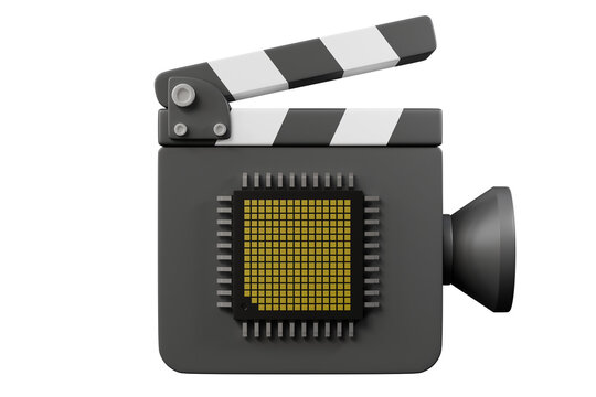 3d ai video camera icon. artificial intelligence concept. minimal cartoon clapperboard camera lens and microchip for video app. isolated on white transparent background. 3d render.