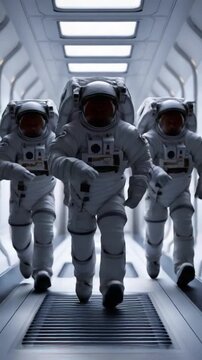 Astronauts Marching Through Space Station Corridor: A team of astronauts in full white suits march with purpose through a sleek, modern space station corridor.
