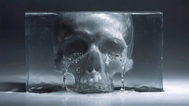 Transparent ice block with a human skull embedded inside, water flowing from the eye sockets, creating a striking visual effect in a dark setting