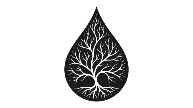 Tree of life within a teardrop shape black and white silhouette