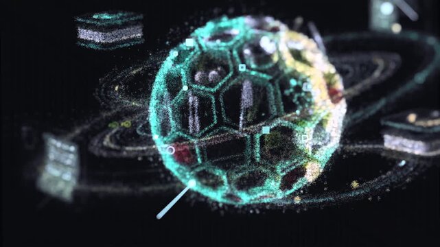 Futuristic 3D render of a glowing particle sphere with orbiting elements and HUD style graphics. Ideal for technology, AI, and network concepts.