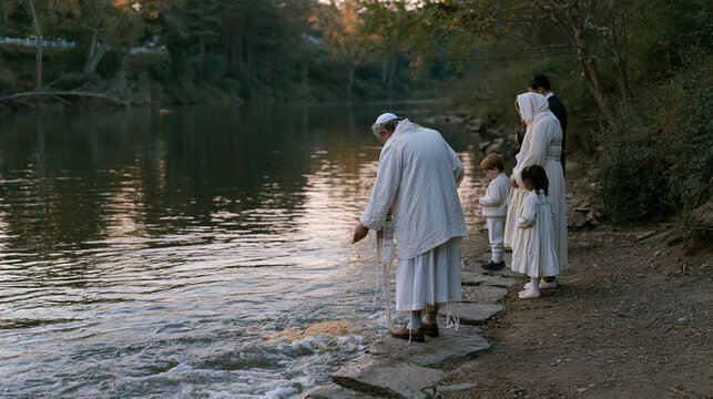Rosh Hashanah tashlich ceremony at river's edge at dusk, family casting breadcrumbs onto flowing water symbolizing casting away sins, adults and children in holiday clothing, riverside trees beginni