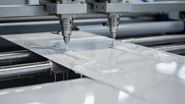 Doublesided aqueous coating heads in medium shot depositing simultaneous wet layers on both sides of a moving sheet showcasing precision and efficiency.