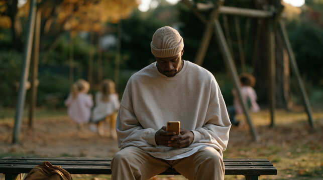 Single father seated on a park bench reviewing a dating app on his phone while his two children play within eyeline on autumn swings, the fragmented attention between romantic hope and parental pres