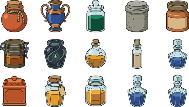 Vintage Potion Bottle and Apothecary Jar Illustration Collection Featuring Glass Containers, алхيميcal Flasks, and Fantasy Potion Vector Designs