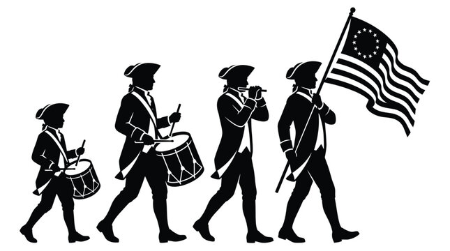 Silhouette vector illustration of colonial patriots marching with drums, fife, and American flag