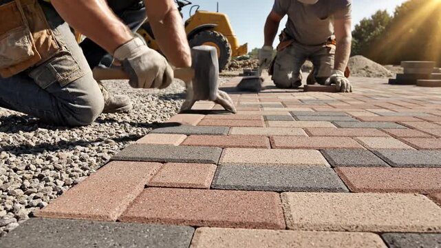 Skilled Workers Laying Interlocking Pavers to Create a Durable Outdoor Surface