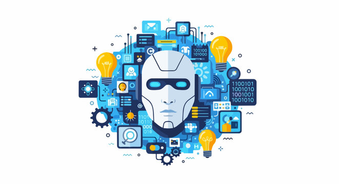 Artificial Intelligence Concept Illustration with Robot Head, Lightbulbs, Data Icons, and Binary Code Symbols for Technology and Innovation Marketing