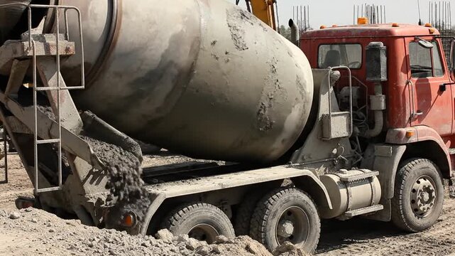 Rugged Orange Cement Mixer Truck Rotating Drum at a Dusty Construction Site