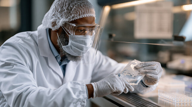 Hospital oncology pharmacist in sterile compounding hood wearing double-gloved hands and face shield preparing intravenous chemotherapy infusion bag, laminar flow cabinet workspace inside negative-p