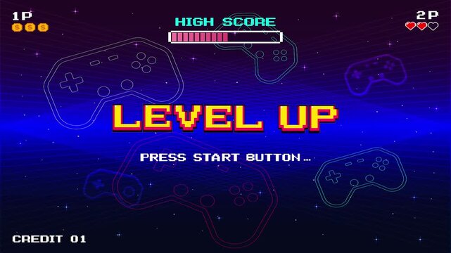 LEVEL UP icon. pixel art 8 bit game. Retro Futurism Sci-Fi Background. glowing neon grid and stars from vintage arcade computer games